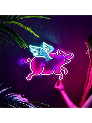 TolCamp Domuz Modern Metal Üzerine Neon LED Duvar Tabelası - Domuzcuk, Piggy-