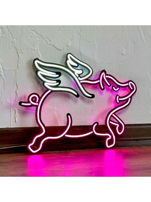 TolCamp Domuz Modern Metal Üzerine Neon LED Duvar Tabelası - Domuzcuk, Piggy-