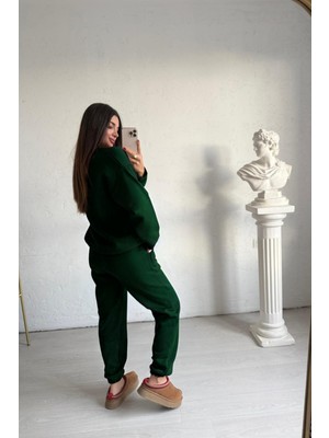 Kadın Baskısız Düz Basic Oversize Bisiklet Yaka Eşofman Takımı