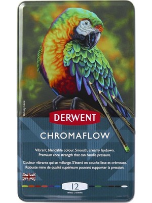 Derwent Chromaflow Profesyonel Kuruboya Kalem Seti 12 Renk Metal Kutu ile Yüksek Pigment