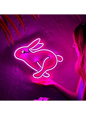 Tavşan Neon LED Duvar Dekoru - Tavşan  - Çocuk Odası si, Ev si  - Rabbit 1 - Modern & Endüstriyel Neon LED Duvar Dekoru, 37.5 x 30.5 cm , Pembe Led, 12V Adaptör