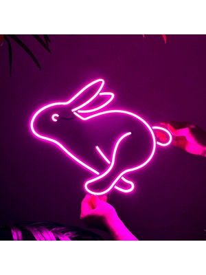 Tavşan Neon LED Duvar Dekoru - Tavşan  - Çocuk Odası si, Ev si  - Rabbit 1 - Modern & Endüstriyel Neon LED Duvar Dekoru, 37.5 x 30.5 cm , Pembe Led, 12V Adaptör