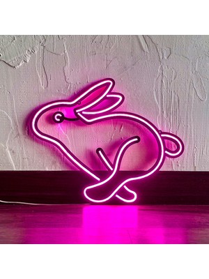 Tavşan Neon LED Duvar Dekoru - Tavşan  - Çocuk Odası si, Ev si  - Rabbit 1 - Modern & Endüstriyel Neon LED Duvar Dekoru, 37.5 x 30.5 cm , Pembe Led, 12V Adaptör