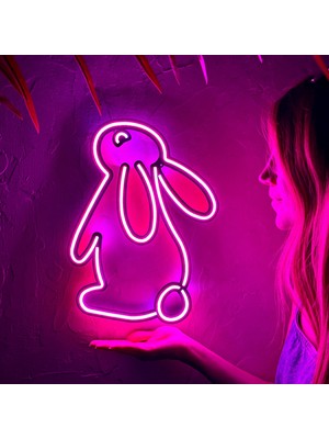 Tavşan Modern Metal Üzerine Neon LED Duvar Tabelası - Rabbit 2, Çocuk Odası si, Ev si, Veteriner Kliniği  28  cm  (En)  x  37.5  cm  (Boy)