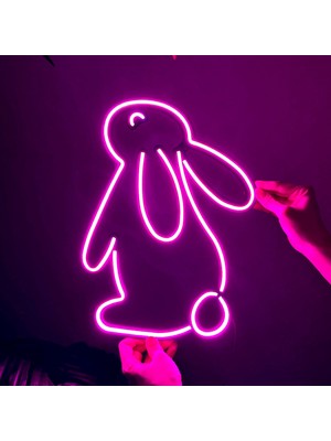 Tavşan Modern Metal Üzerine Neon LED Duvar Tabelası - Rabbit 2, Çocuk Odası si, Ev si, Veteriner Kliniği  28  cm  (En)  x  37.5  cm  (Boy)