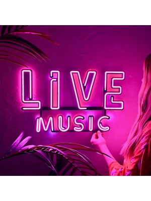 TolCamp Live Music 2 LED Neon Duvar Dekoru - Bar, Pub, Kafe Tabelası - Pembe