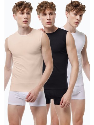 Malabadi Erkek Siyah Beyaz Ten Rengi 3 Lü Paket Sıfır Yaka Iz Yapmayan Modal Kolsuz Atlet 007 3M007