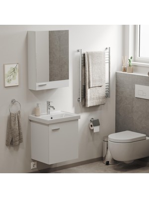 Aqua Bagno Basic Alt Dolap + Üst Dolap -Lavabo Dahil-Beyaz ,50 Cm. 3 Parça