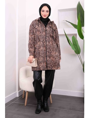 Vizon Bel Büzgülü Kapüşonlu Leopar Trenç