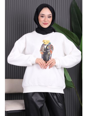 Ekru Ön Baskılı Üç İplik Sweat