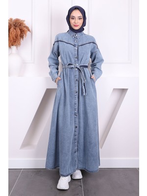 Mavi Bel Kuşaklı Düğmeli Kot Elbise