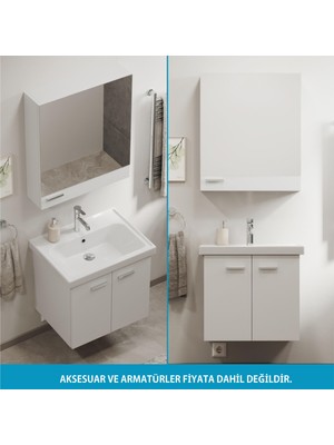 Aqua Bagno Basic Alt Dolap + Üst Dolap -Lavabo Dahil-Beyaz ,60 Cm. 3 Parça