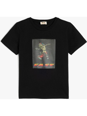 Koton Iskelet Baskılı Bisiklet Yaka Kısa Kollu Pamuklu Tişört