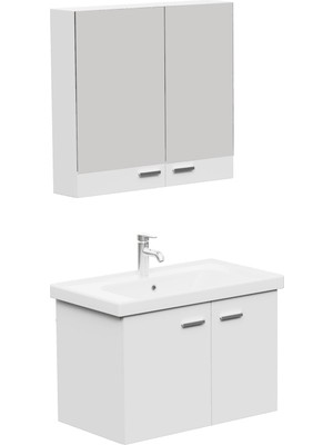 Aqua Bagno Basic Alt Dolap + Üst Dolap -Lavabo Dahil-Beyaz ,80 Cm. 3 Parça