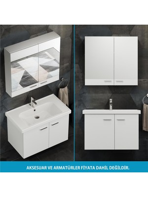 Aqua Bagno Basic Alt Dolap + Üst Dolap -Lavabo Dahil-Beyaz ,80 Cm. 3 Parça