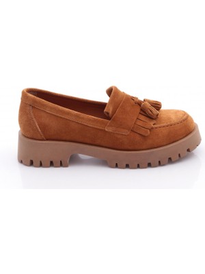 DGN Kadın Püsküllü Loafer Ayakkabı Kalın Taban Taba Süet Malzeme ile Şık Tasarım