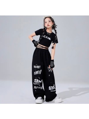 Kids Face Özel Tasarım Rock Graffiti Baskılı Ispanyol Paça Kız Çocuk Yazlık Crop Eşofman Takımı