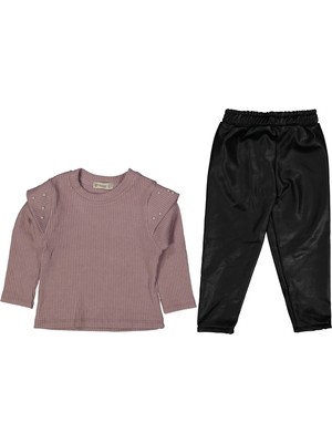 Belirtilmemiş İNCİ DETAYLI DERİ PANTOLONLU KIZ TAKIM