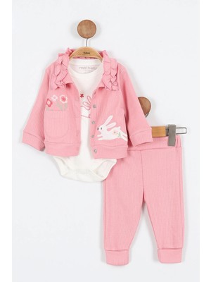 Tavşan Çiçek Desenli Çıtçıtlı Pamuklu Zıbın Uzun Kol Kız Bebek 3'lü Takım Alt Üst Kız Bebek Takım