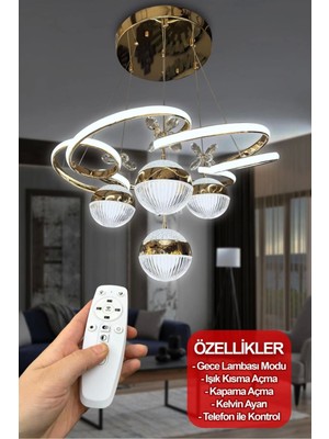 NZL Lighting 3 Renk Kumandalı Modern Sarkıt 4 Toplu Kelebekli Ledli Salon Avize Gold