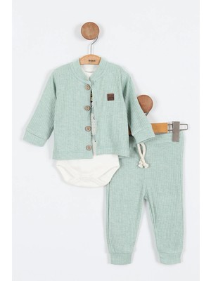 Sevimli Ayı Desenli Düğmeli Pamuklu Zıbın Uzun Kol Erkek Bebek 3'lü Takım Alt Üst Erkek Bebek Takım