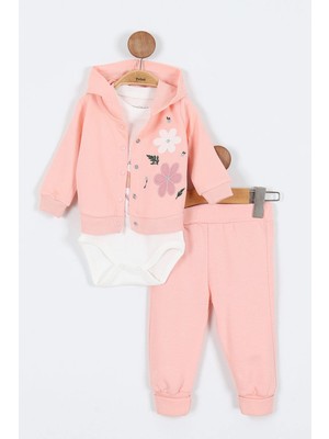 Çiçek Desenli Çıtçıtlı Kapşonlu Pamuklu Zıbın Uzun Kol Kız Bebek 3'lü Takım Alt Üst Kız Bebek Takım