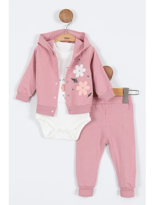 Çiçek Desenli Çıtçıtlı Kapşonlu Pamuklu Zıbın Uzun Kol Kız Bebek 3'lü Takım Alt Üst Kız Bebek Takım