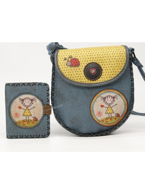 Hoodie Mouse Cin Ayşe Figürlü Tasarımlı Capraz Örgulu Kol Cantası Petrol ve Cuzdan Petrol Kombin