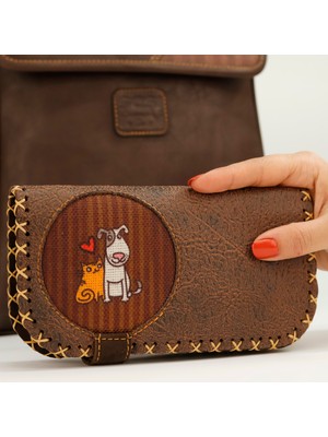 Hoodie Mouse Kedi ve Köpek Figürlü Büyük Cüzdan Etnik Bohem Retro Vintage Style  - KAHVERENGİ