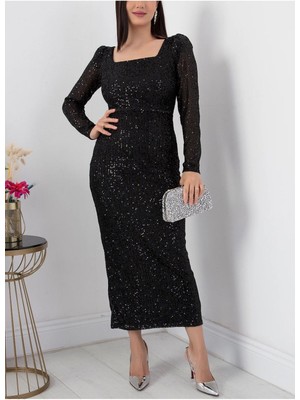 Lensia   Kare Yaka Pul Payet Abiye Elbise