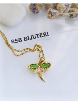 RSBbijuteri Zincir'li Kolye Yeşil Zirkon Taşlı altın kaplama 316 L çelik + Hediye Paketi