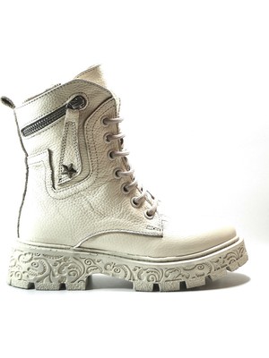 Onlo Ayakkabı R.301  Deri Bej Kürklü Fermuarlı Kız Çocuk Postal Bot