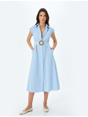 Koton Kemer Detaylı Cepli Çizgili Kolsuz Uzun Gömlek Elbise