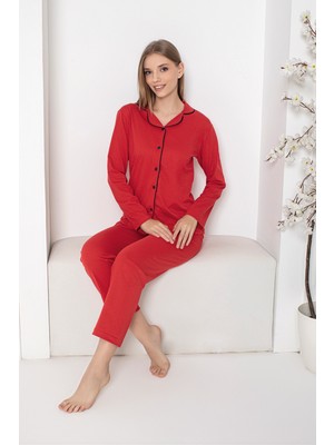 Sude Homewear Kadın Kırmızı Renk Düğmeli Uzun Kol Pijama Takımı