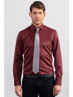 Tudors Erkek Modern Slim Fit Düz Saten Pamuklu Bordo Gömlek