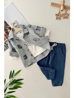 Miniğimin Cicileri Lion Baskılı Müslin Pamuklu Erkek Bebek 3 lü takım - Gri