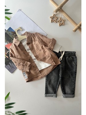 Miniğimin Cicileri Pati Baskılı Müslin Pamuklu Erkek Bebek 3 lü takım - Kahverengi