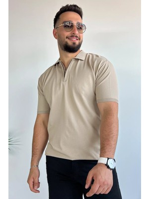 Polo Yaka Yarım Fermuarlı Likralı Erkek Tişört P-00011199