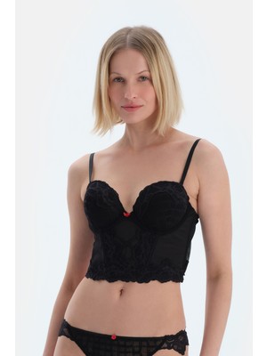 Siyah Ön Zigzag ve Aksesuar Detaylı Dantel ve Tüllü Büstiyer