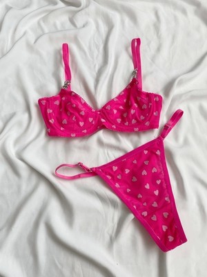 Gece İncisi Love Taşlı Kalp Baskılı Sütyen Takım