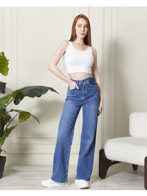 Modaca Kadın Yüksek Bel Boyfriend Mavi Jeans