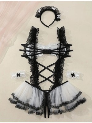 Life Luxury - Yaramaz Hizmetçi Kostüm,fiyonk Düğüm Dantel Trim Criss Elbise&manşetler&kadın Iç Çamaşır Seti