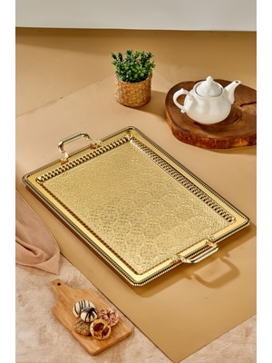 Cooker Battal Boy Gold Renk Metal Servis Tepsisi - Gold Kulplu Şık Tasarım