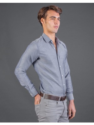 Tudors Slim Fit Armürlü Gri Erkek Gömlek