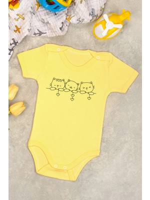 %100 Pamuk Sevimli Kedi Baskılı Omuz Çıt Çıt Zıbın