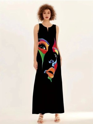 Abstract Face Print Maxi Elbise Yaka Kesik Kolsuz Rahat Elbise