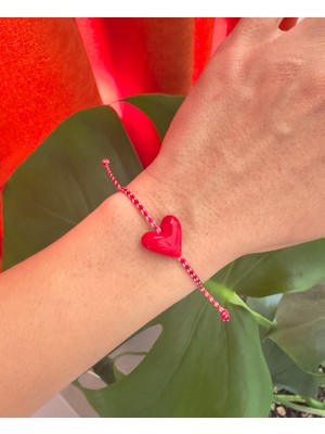 Atelier Çağla Cam Kırmızı Murano Kalp Kırmızı Beyaz Marteniçka Yeniyıl Yılbaşı Bilekliği