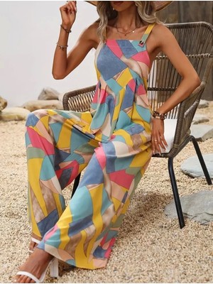 Geo Print Wide Strap Jumpsuit, Bahar ve Yaz Için Zarif Kolsuz Geniş Bacaklı Jumpsuit