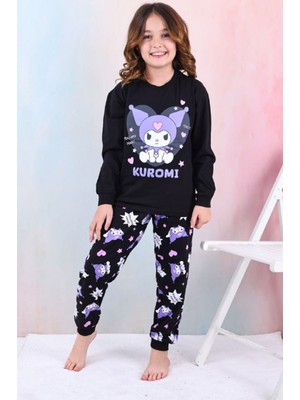 Isob Siyah Kuromi Desenli %100 Pamuk Kız Çocuk Pijama Takımı 3-13 Yaş 41203-41402-S