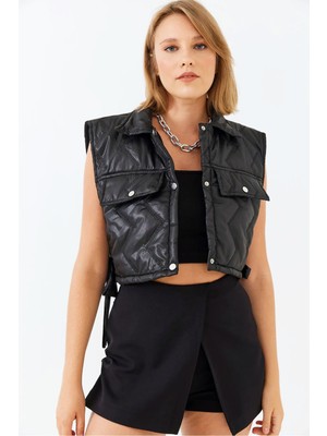 butiksinope Ast 8017 Yandan Bağcıklı Kapitone Kadın Kısa Crop Puf Yelek